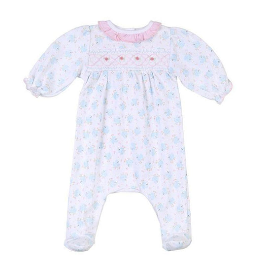 Girls Vintage Blue Bird Smocked Babygrow