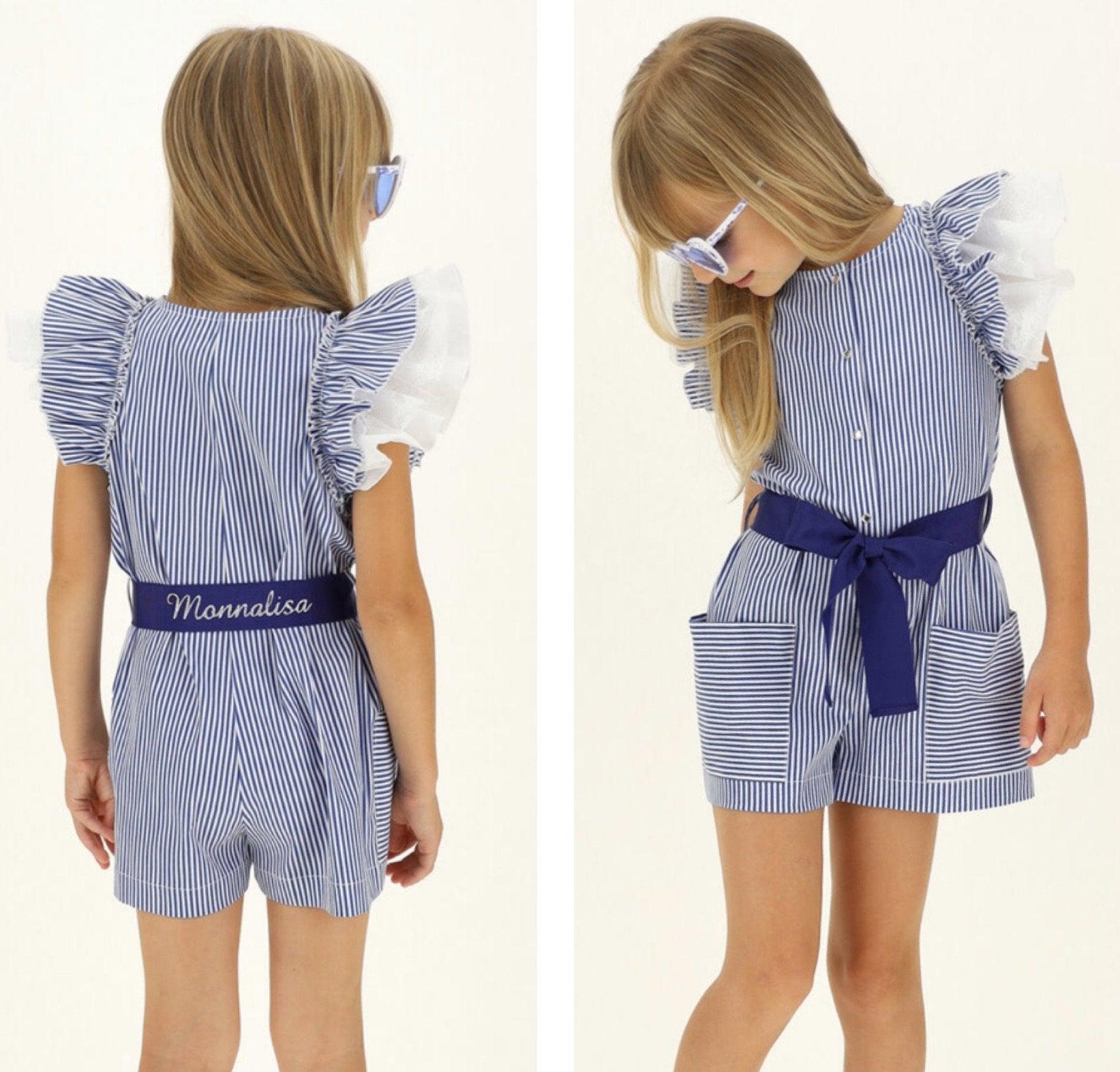 Monnalisa Girls Blue Stripe Frill Playsuit