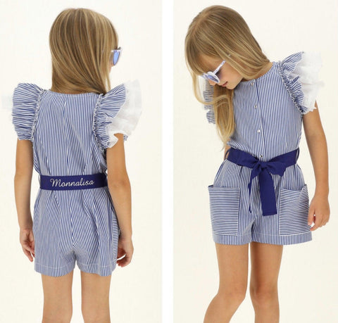 Monnalisa Girls Blue Stripe Frill Playsuit