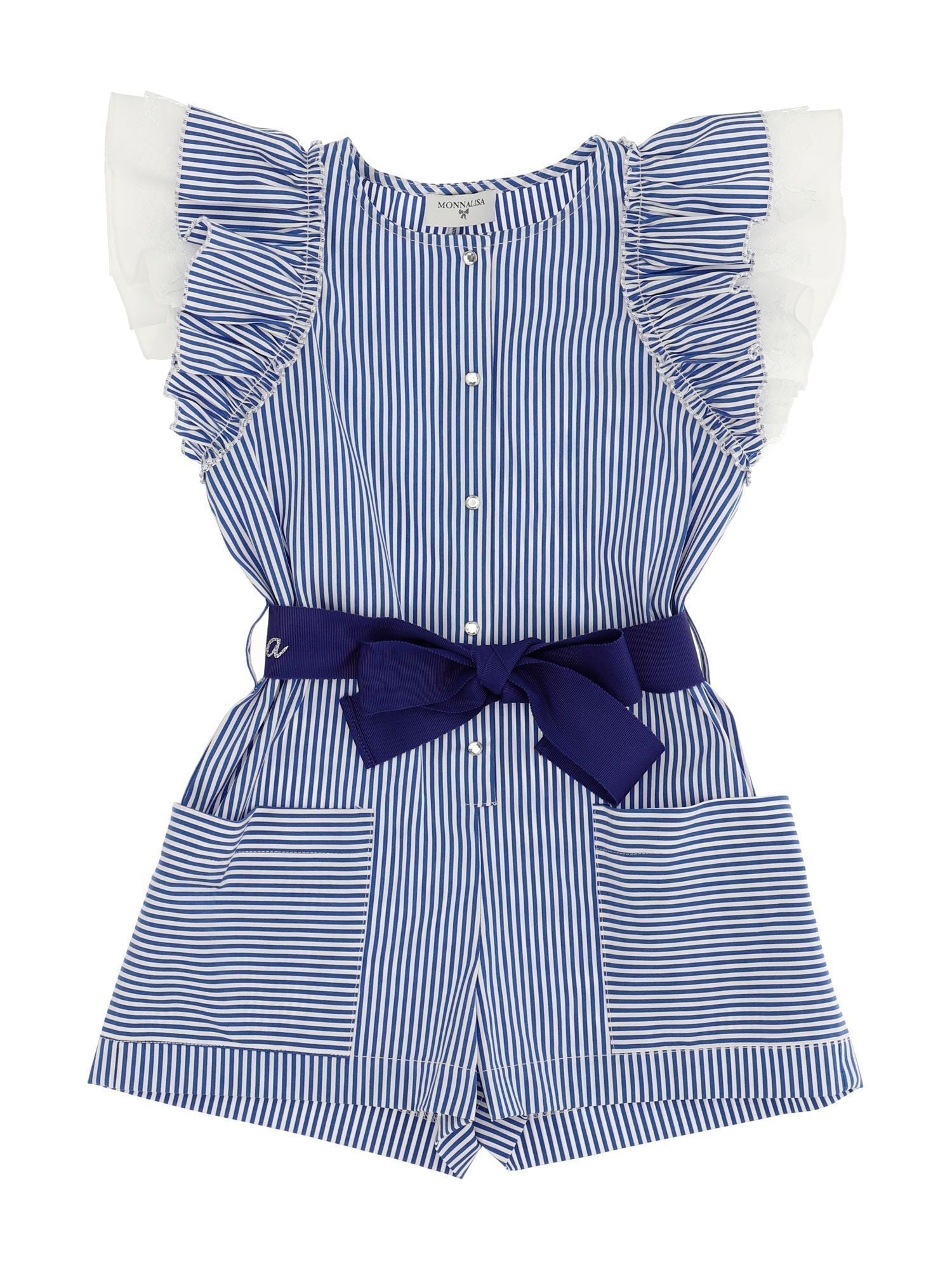 Monnalisa Girls Blue Stripe Frill Playsuit