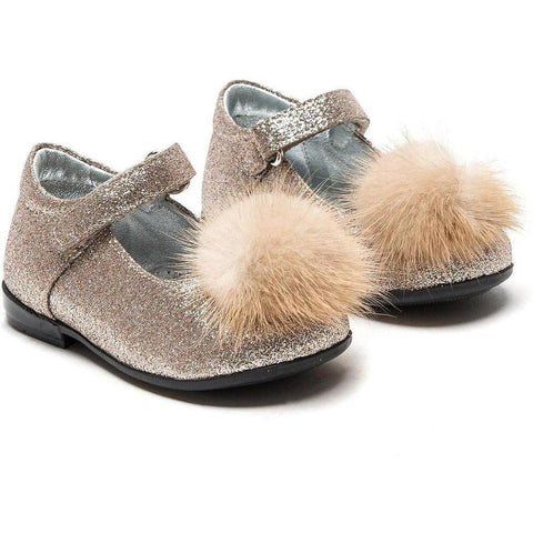 Monnalisa Girls Gold Glitter Pom Pom Shoes