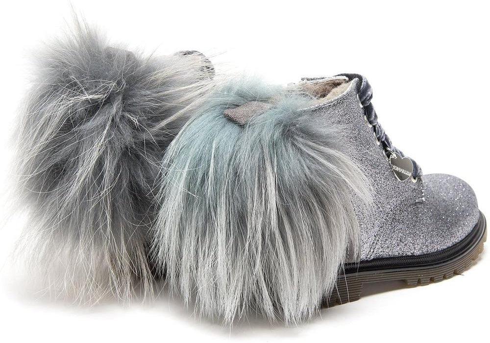 Monnalisa Girls Grey Glitter Fur Pom Pom Boots