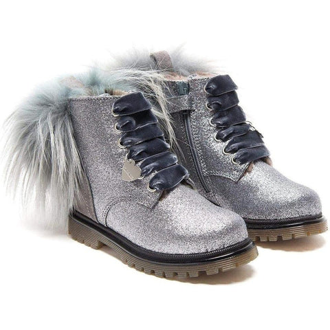 Monnalisa Girls Grey Glitter Fur Pom Pom Boots