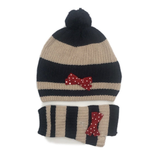 Girls Navy & Beige Knitted Hat & Mitts Set