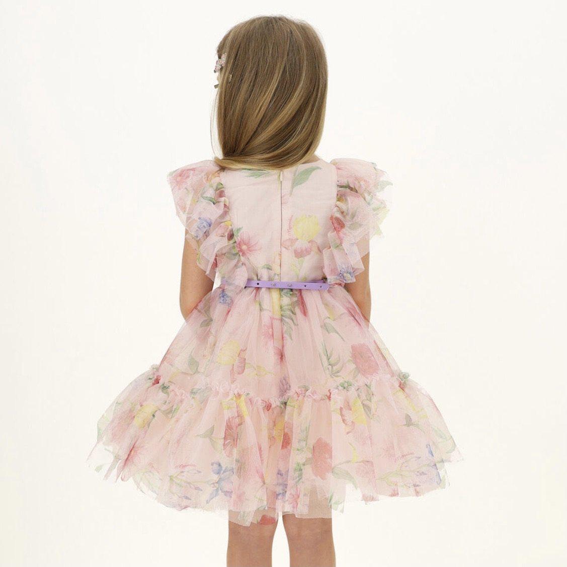 Monnalisa Girls Pink Floral Tulle Dress