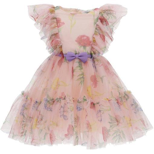 Monnalisa Girls Pink Floral Tulle Dress