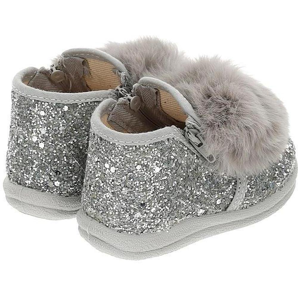 Monnalisa Girls Silver Glitter Pom Pom Shoe