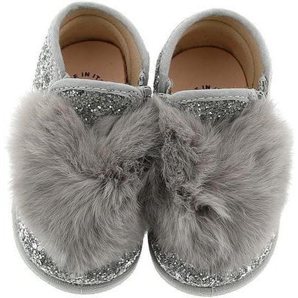 Monnalisa Girls Silver Glitter Pom Pom Shoe