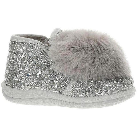 Monnalisa Girls Silver Glitter Pom Pom Shoe