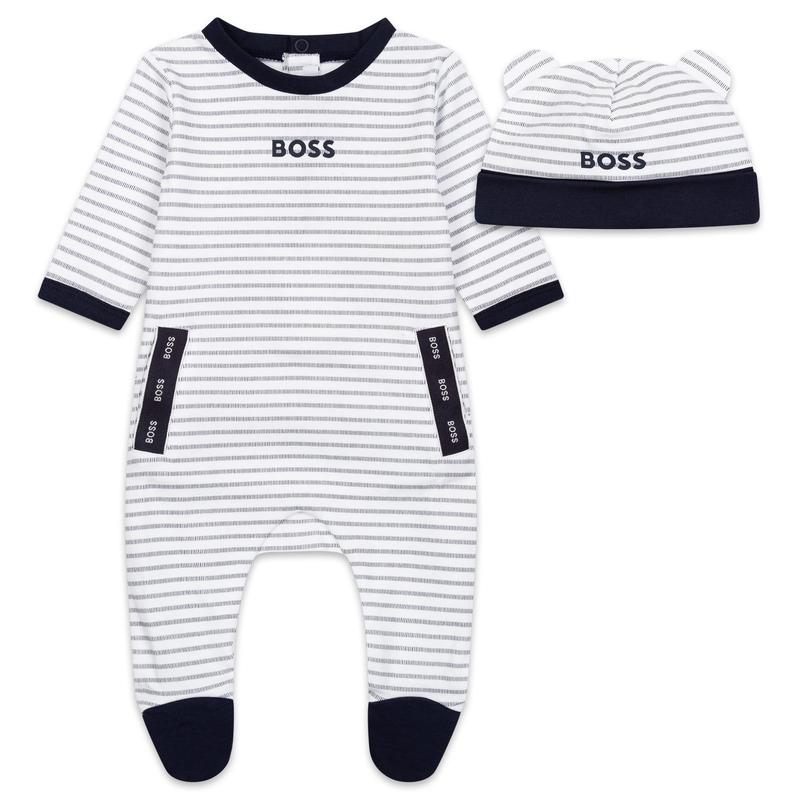 BOSS Boys Striped Babygrow + Pull On Hat Set