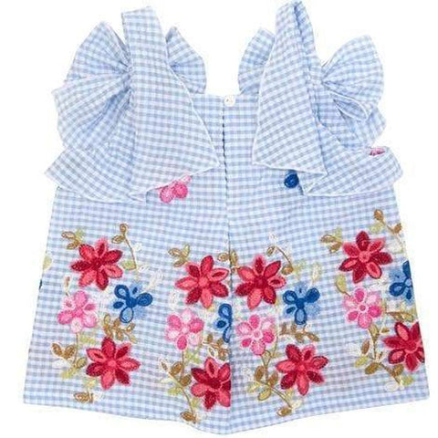 Balloon Chic Girls Blue Gingham Embroidered Blouse