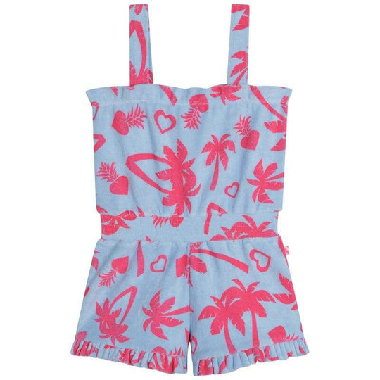 Girls Blue & Pink Towelling Palm Tree Playsuit