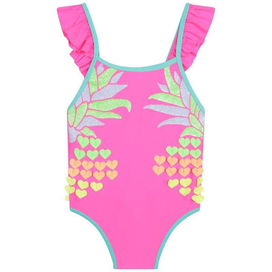 Girls Pink Ruffle Trim Swimming Costume