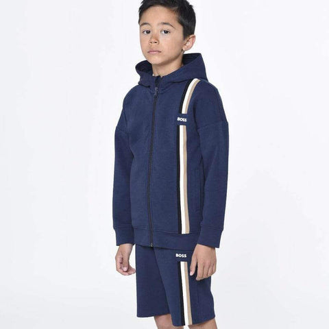 BOSS Boys Navy Striped Zip Up Hoodie