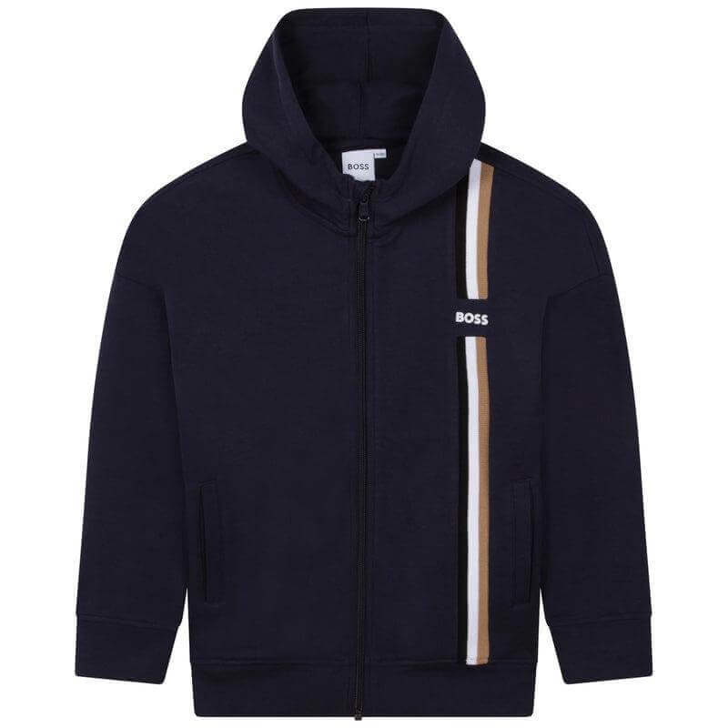 BOSS Boys Navy Striped Zip Up Hoodie