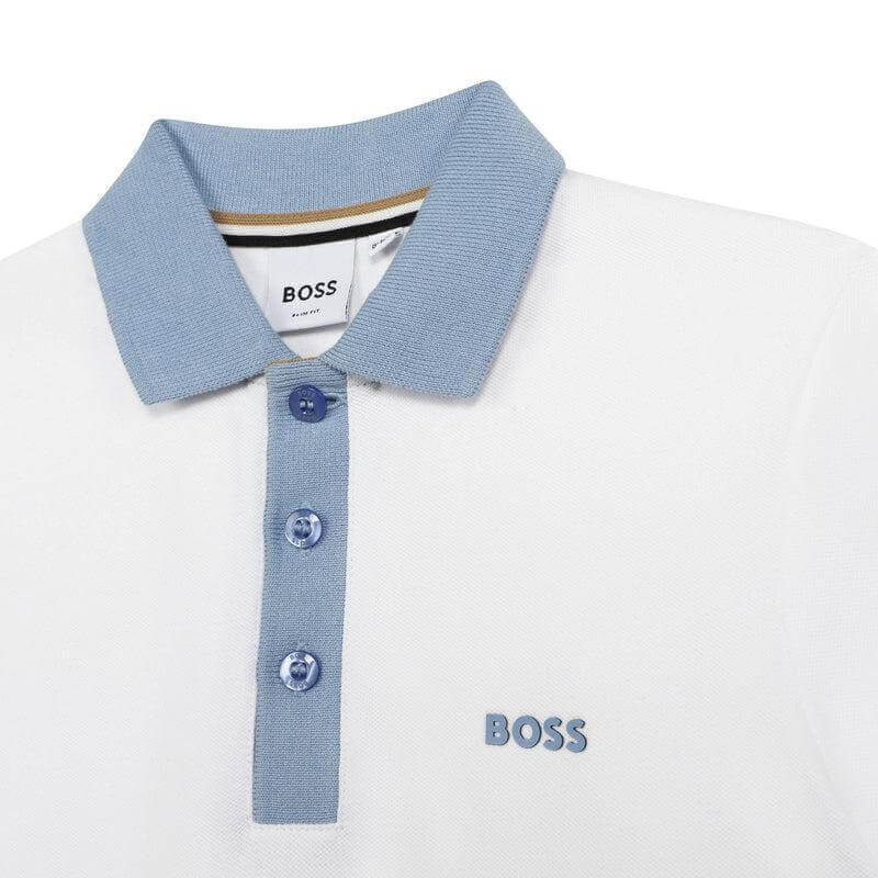 BOSS Boys White Striped Short Sleeve Polo Shirt