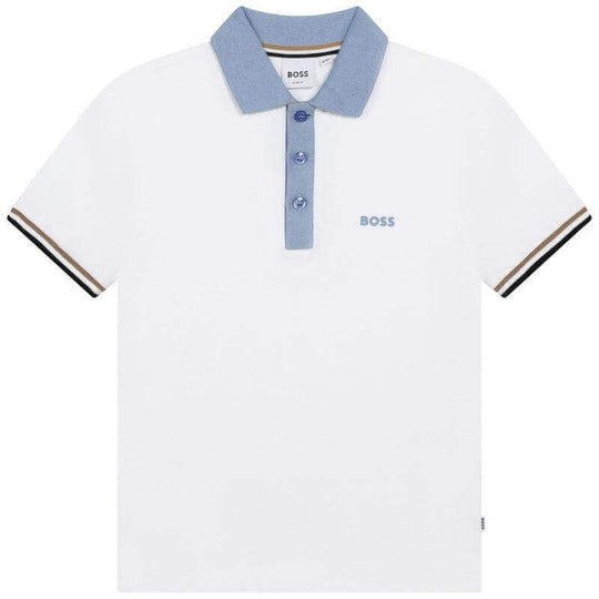 Boys White Striped Short Sleeve Polo Shirt