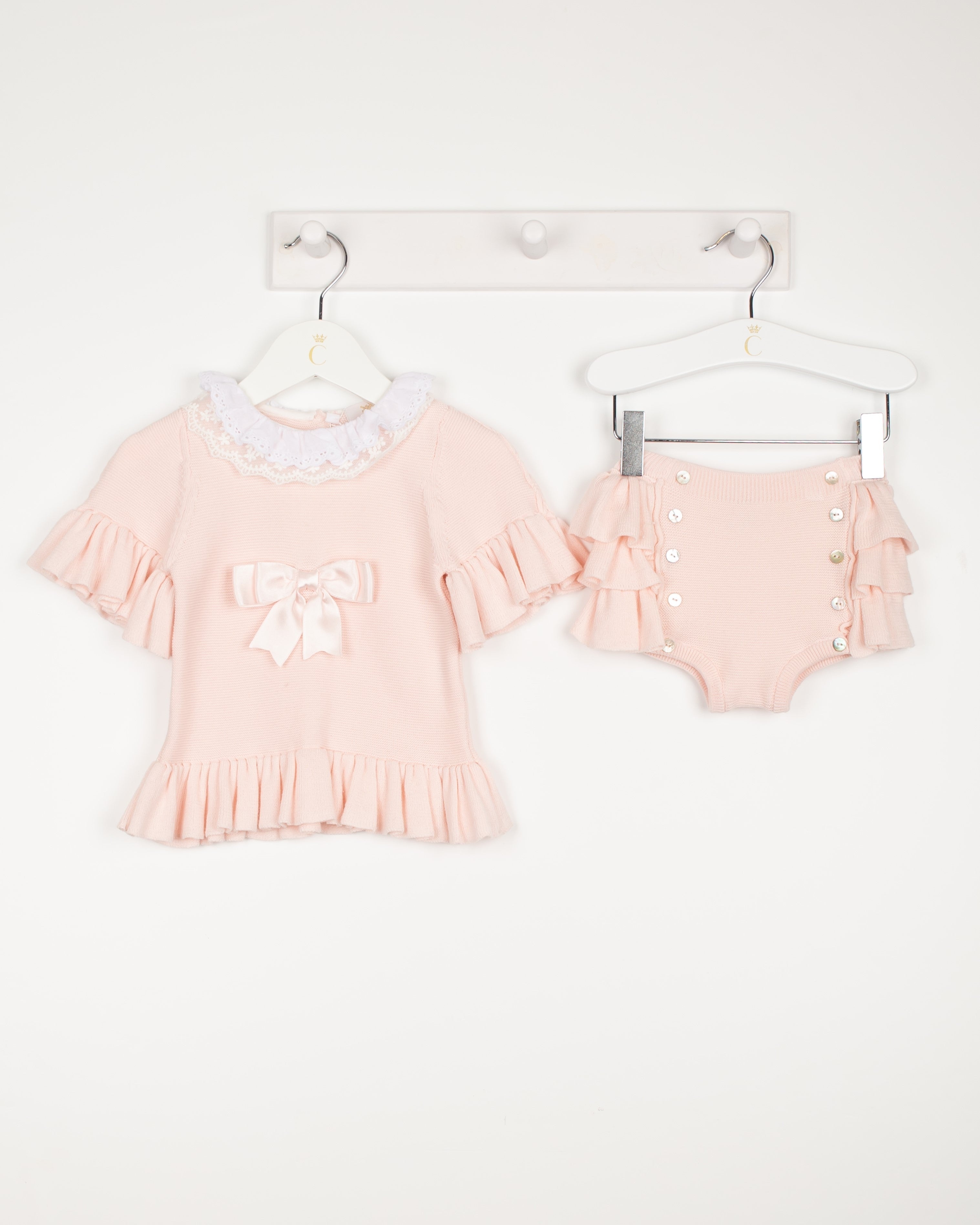 Caramelo Kids Baby Girls Pink Lace Collar Knitted Bloomer Set