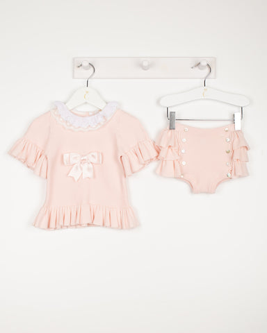 Caramelo Kids Baby Girls Pink Lace Collar Knitted Bloomer Set