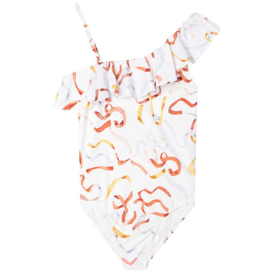 Girls Ivory Ribbon Print Swimsuit