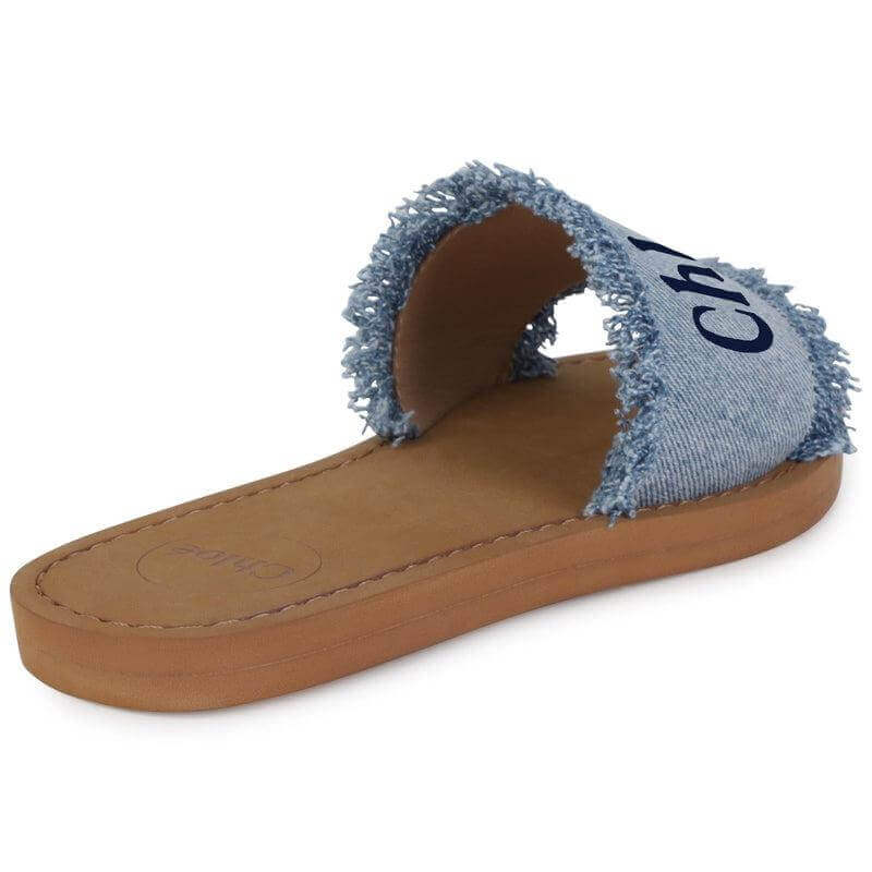 Chloe Girls Logo Print Denim Fringed Sandals