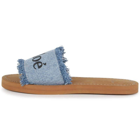 Chloe Girls Logo Print Denim Fringed Sandals