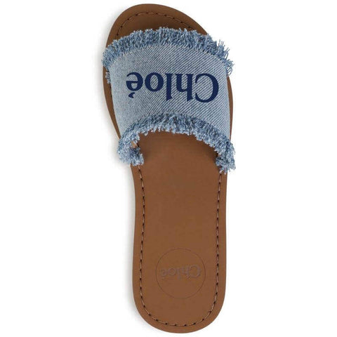 Chloe Girls Logo Print Denim Fringed Sandals