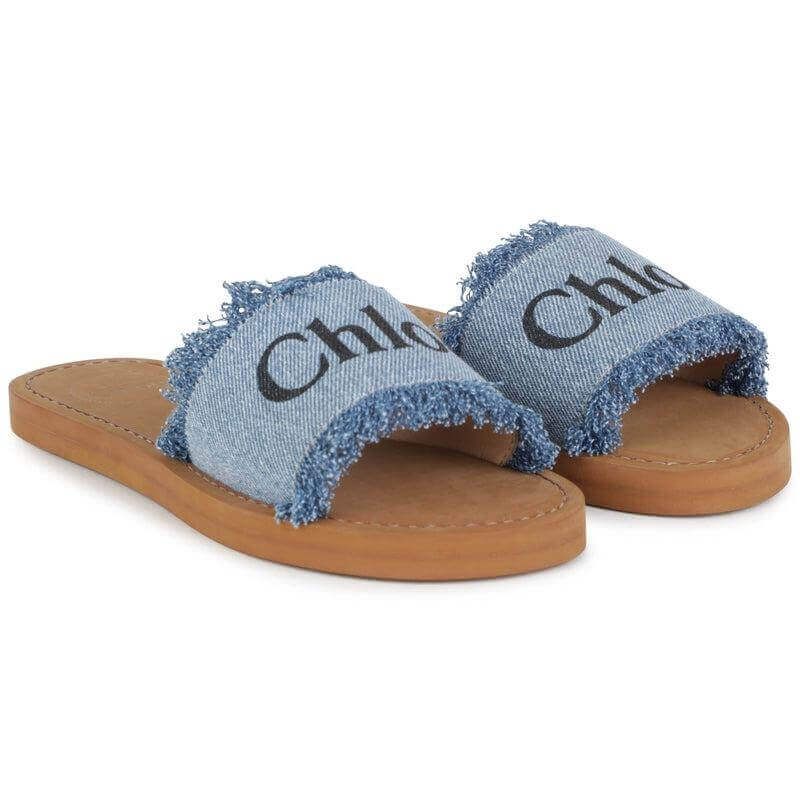 Chloe Girls Logo Print Denim Fringed Sandals