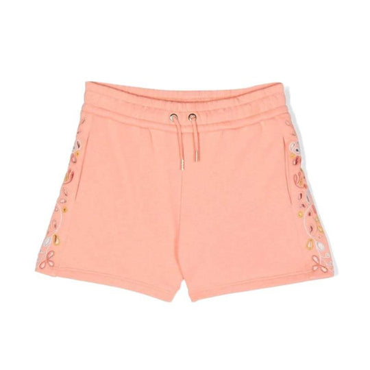 Girls Peach Embroidered Shorts