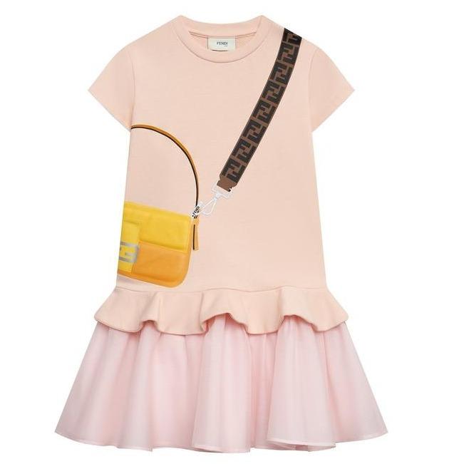 Fendi Girls Pink Silk Tiered FF Logo Bag Dress