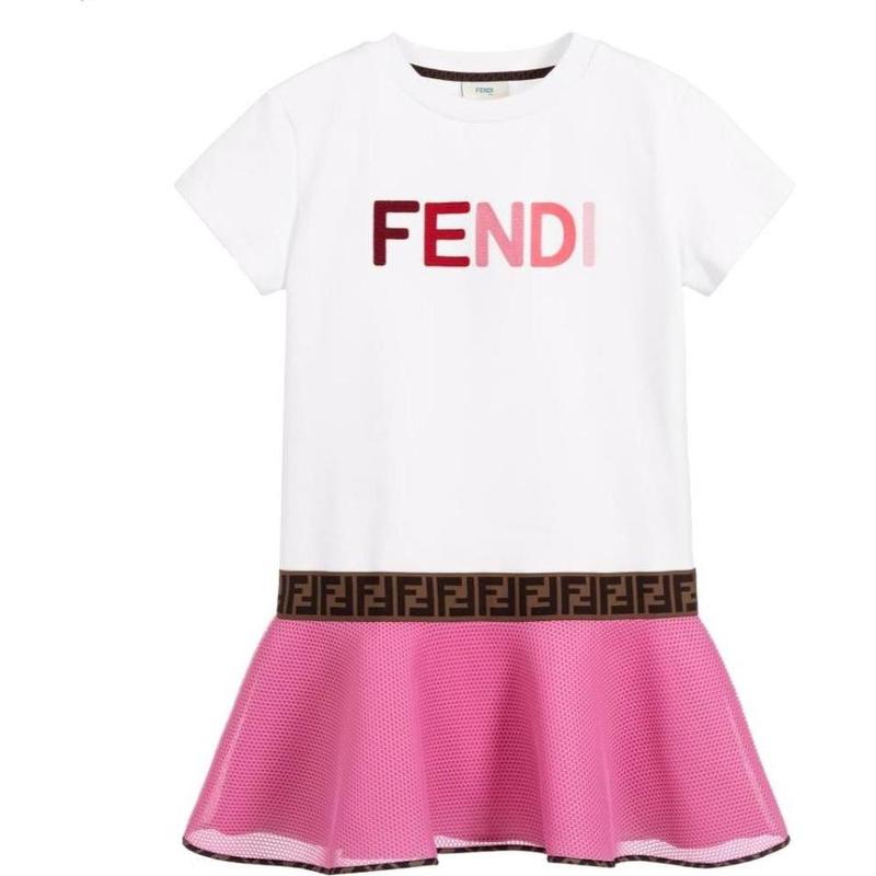 Fendi Girls White & Pink Logo Dress