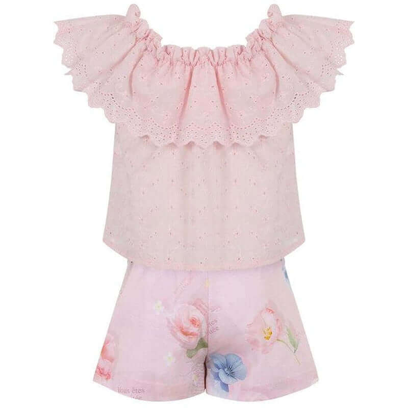 Lapin House Girls Pink Broderie Anglaise Short Set