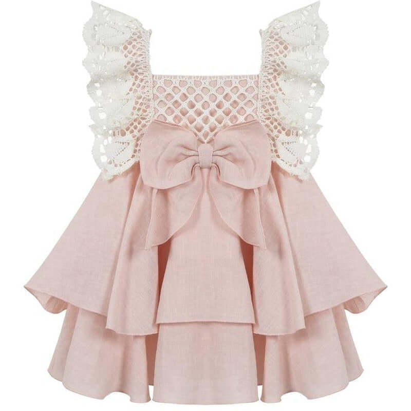 Lapin House Girls Pink Linen & Lace Bow Dress
