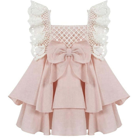 Girls Pink Linen & Lace Bow Dress