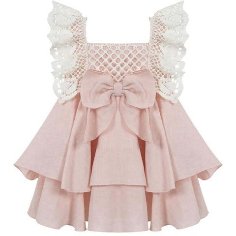 Lapin House Girls Pink Linen & Lace Bow Dress