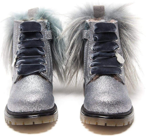 Monnalisa Girls Grey Glitter Fur Pom Pom Boots