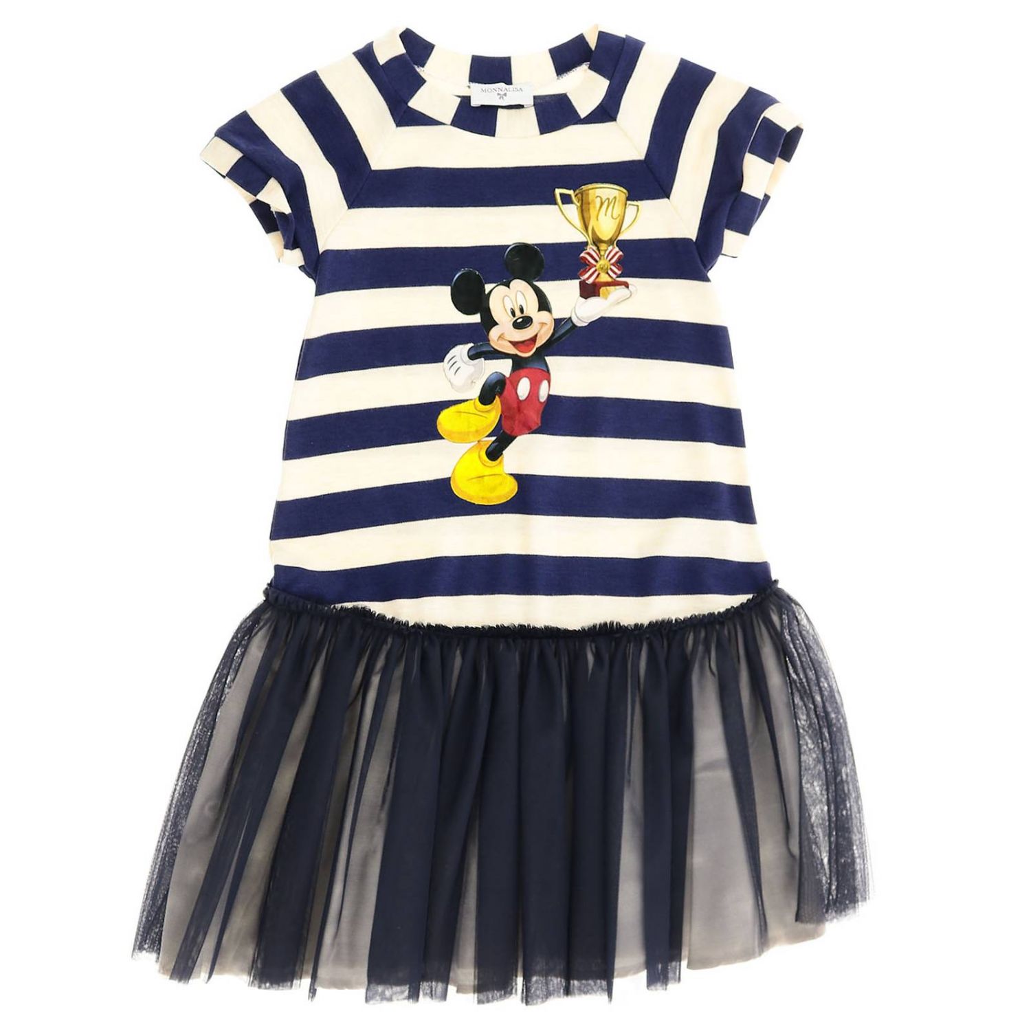 Monnalisa Girls Navy Mickey Mouse Striped Dress
