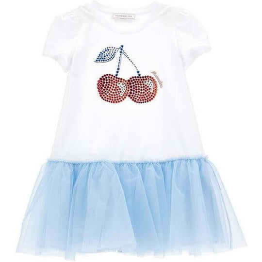 Girls White & Blue Tulle  Cherry Dress