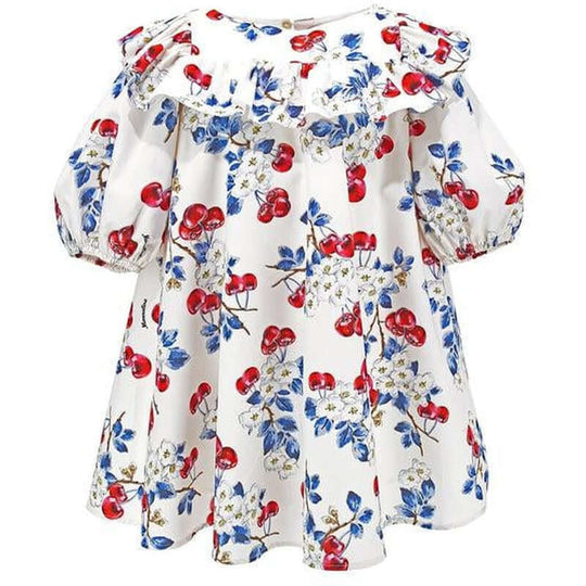 Girls White Cherry Cotton Dress