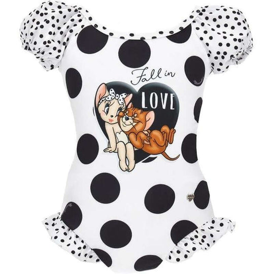 Girls White Spot Jerry & Cherie Swimming Costume