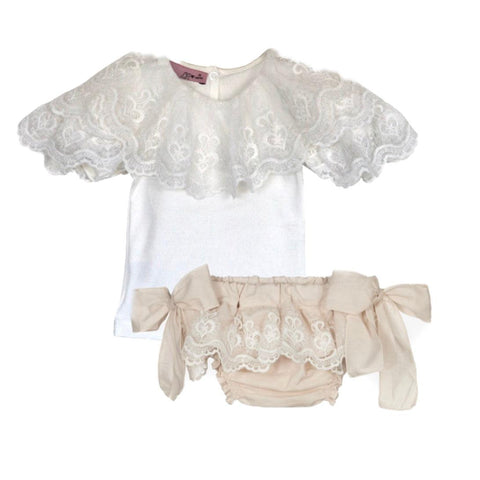 Phi Clothing Girls Ivory Lace T-Shirt & Bloomers