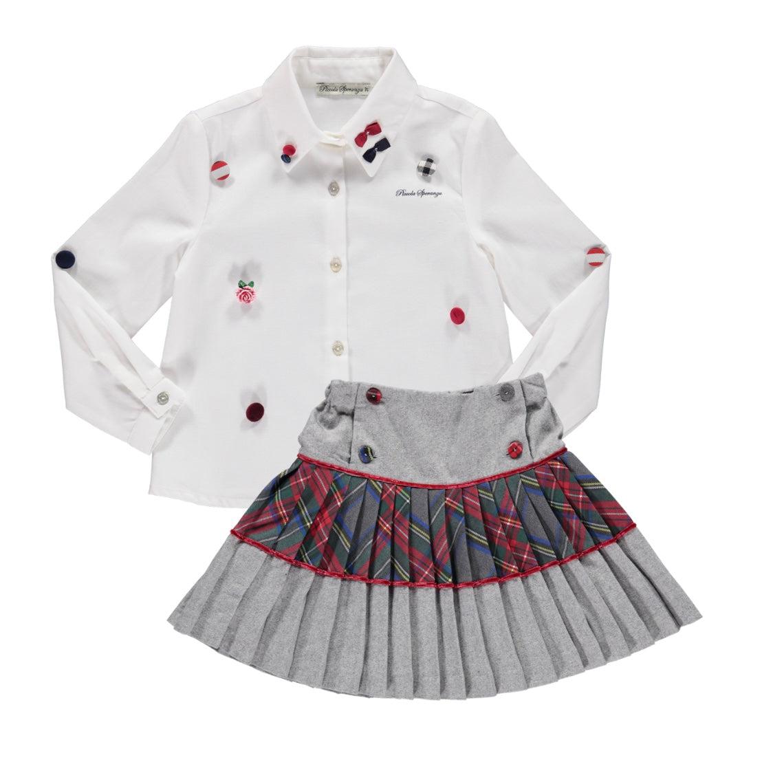 Piccola Speranza Girls Grey Tartan Skirt & Blouse Set