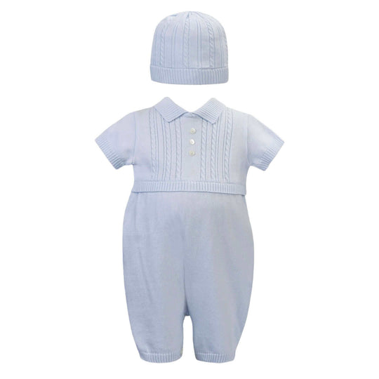 Baby Boys Blue Knit Romper And Hat Set