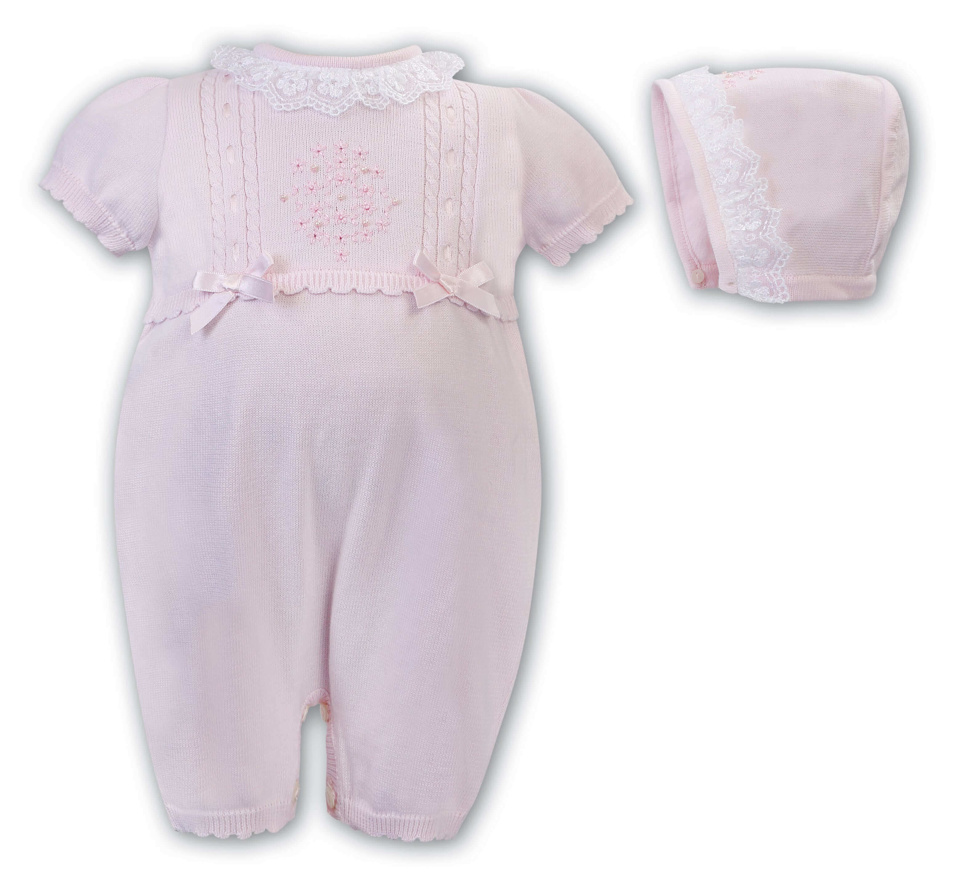 Sarah Louise Baby Girls Pink Knit Romper And Bonnet Set