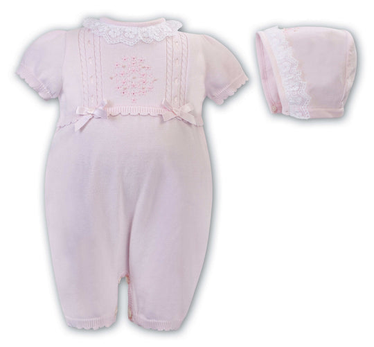Baby Girls Pink Knit Romper And Bonnet Set