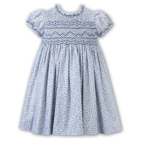 Sarah Louise Girls Blue Floral Hand Smocked Dress