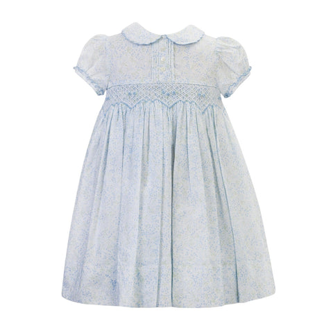 Sarah Louise Girls White & Blue Smocked Dress