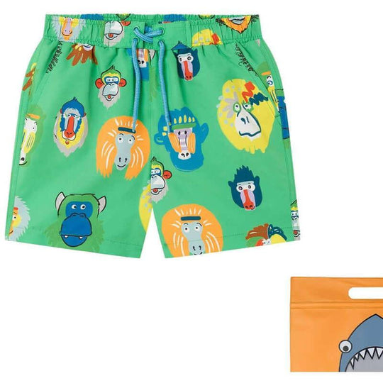 Boys Green Monkey Print Swim Shorts
