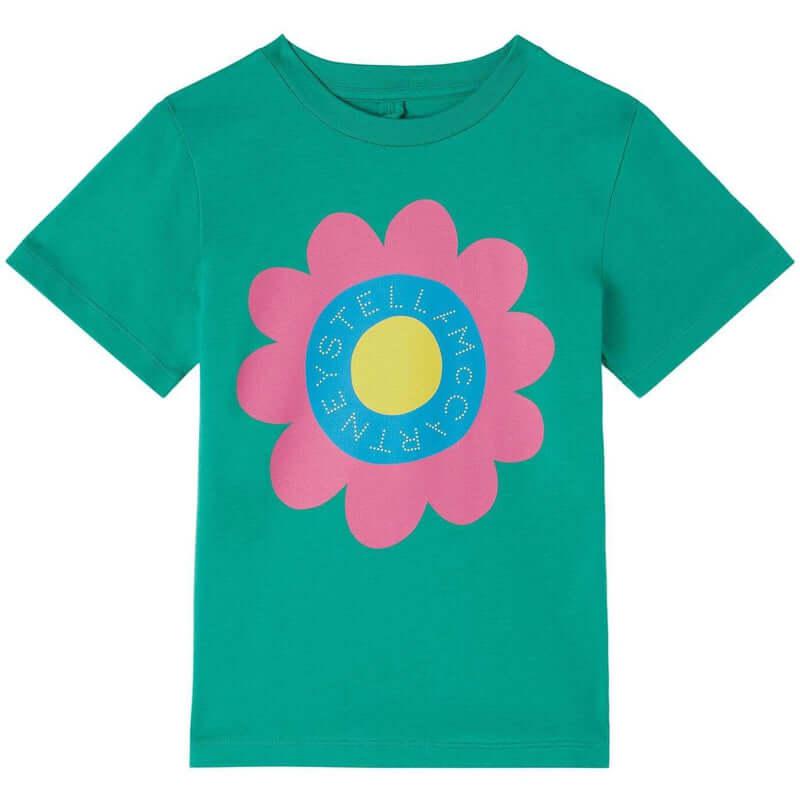 Stella McCartney Kids Girls Green Cotton Flower Logo T-Shirt